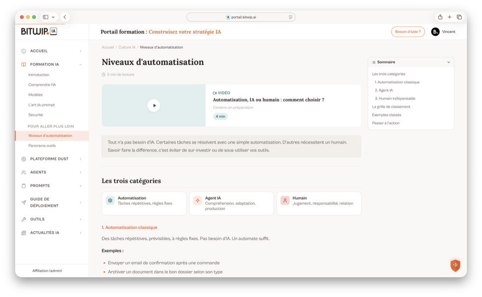 Page de formation automatisation du portail Bitwip IA